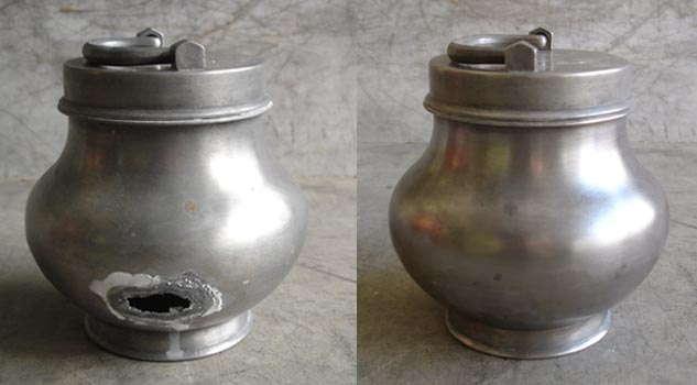 Avant-après: réparation d'un pot à bouillon en étain