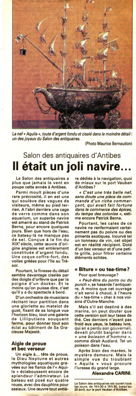 Article dans la presse sur la nef en argent article sur la nef Aquila en argent massif