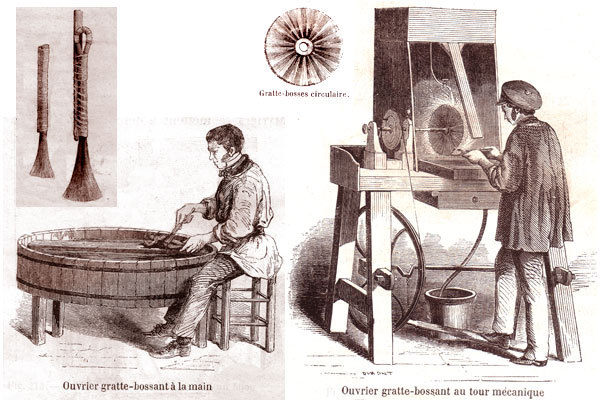 Gravure ancienne représentant les opérations de gratte bossage manuel et au touret