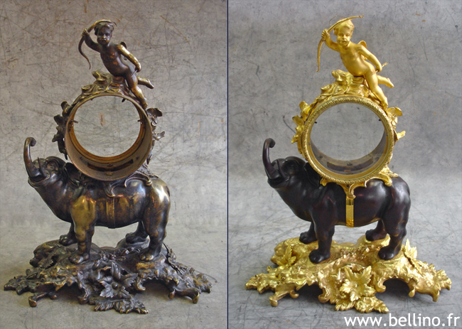 Restauration d'une pendule à l'éléphant XIXème en bronze doré et patiné